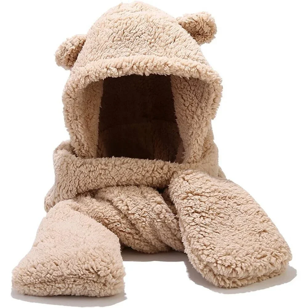 Unisex Beige Winter Bear Ear Sherpa Hood Hat Scarf Gloves 3 in1 100% Polyester